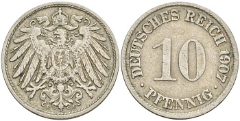 Германия 10 пфеннигов 1907 F KM 12, Jager 13, Weege 8 медно-никель 219-134