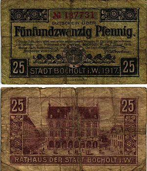 БОХОЛЬТ 25 ПФЕННИГОВ 1918 1 ЯНВАРЯ 1918, НОТГЕЛЬД, ЗЕМЛЯ СЕВЕРНЫЙ РЕЙН-ВЕСТФАЛИЯ Keller В67.1а бумага 6318-11-1-2