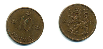 Финляндия 10 пенни 1924 республика (1918-1962) KM 24 медь 46-2612