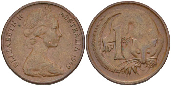 АВСТРАЛИЯ 1 ЦЕНТ 1969 ЕЛИЗАВЕТА II (1952-) МОЛОДОЙ ПОРТРЕТ, ОПОССУМ KM 62 бронза 4516-626