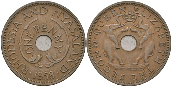 Родезия и Ньясаленд 1 пенни 1958 Елизавета II (1952-2022) KM 2 бронза 4616-122