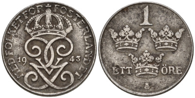 Швеция 1 эре 1943 Густав V (1907-1950) KM 810 железо 4608-349