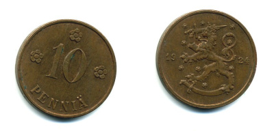 Финляндия 10 пенни 1924 республика (1918-1962) KM 24 медь 46-2612