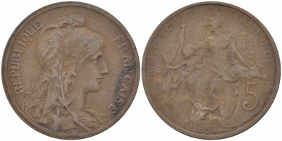 ФРАНЦИЯ 5 САНТИМОВ 1899 ТИП ДАНИЭЛЬ ДЮПЮИ KM 842, LE FRANC 119.7 бронза 108-817