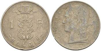 БЕЛЬГИЯ 1 ФРАНК 1961 BELGIE, БОДУЭН I (1951-1993) KM 143.1 медно-никель 119-556