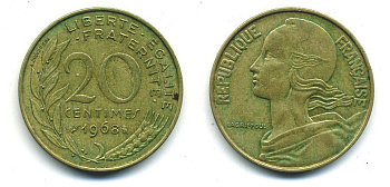 ФРАНЦИЯ 20 САНТИМОВ 1968 ТИП MARIANNE KM 930, LE FRANC 156.8 алюминиевая бронза 84-1443