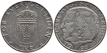 Швеция 1 крона 1984 Карл XVI Густав (1973- ) KM 852a медно-никель 4397-1133