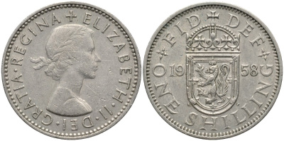 Великобритания 1 шиллинг 1958 Елизавета II (1952-2022), Шотландский герб KM 905, Spink 4148 медно-никель 4171-631