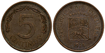 Венесуэла 5 сентимо 1974 KM 49 сталь плакированная медью 4164-1017