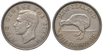 Новая Зеландия 1 флорин 1951 птичка киви, Георг VI KM 18 медно-никель    4117-442