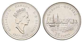 Канада 25 центов 1992 125 лет Конфедерации Канада - Квебек KM 234 никель UNC 4678-1134