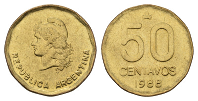 Аргентина 50 сентаво 1988 KM 99 латунь 181-855