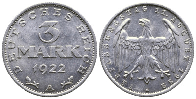 Германия 3 марки 1922 А, третья годовщина Веймарской Конституции KM 29, J. 303 алюминий 4380-734