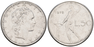 Италия 50 лир 1978 R, бог огня Вулкан у наковальни KM 95.1 нержавеющая сталь 259-136