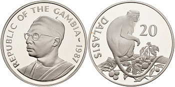 Гамбия 20 даласи 1987 серия защита окружающей среды, обезьяна, тираж 25000 экз. KM 24 серебро PROOF 1098-1-43