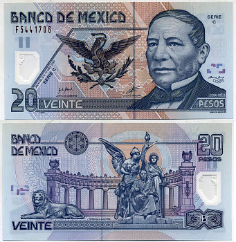 МЕКСИКА 20 ПЕСО 2001 СЕРИЯ C, БЕНИТО ПАБЛО ХУАРЕС Pick 116a пластик UNC (ПРЕСС) 6289-5-3-2