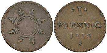 Франкфурт 1 пфенниг (юденпфенниг) 1819 KM Tn7, JuF 1999 медь 4547-347