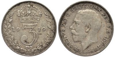 Великобритания 3 пенса 1919 Георг V (1910-1936) KM 813, Spink 4015 серебро 4528-517