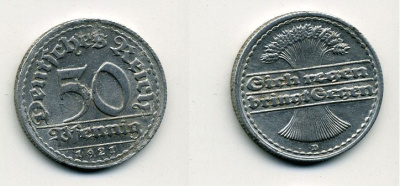 ГЕРМАНИЯ 50 ПФЕННИГОВ 1921 D KM 27, J. 301 алюминий 41-824