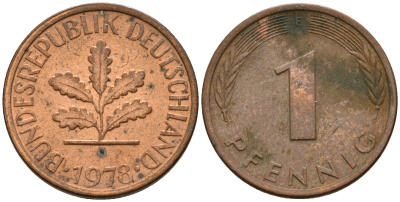 ФРГ 1 пфенниг 1978 F KM 105, J. 380 сталь плакированная медью    4598-558