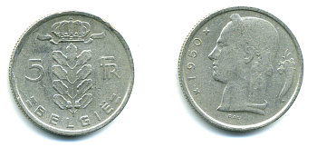 БЕЛЬГИЯ 5 ФРАНКОВ 1950 BELGIE KM 135.1 медно-никель 25-816