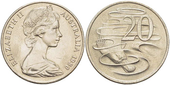 АВСТРАЛИЯ 20 ЦЕНТОВ 1980 ЕЛИЗАВЕТА II (1953-), УТКОНОС KM 66 медно-никель 4521-135