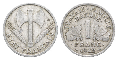 Франция 1 франк 1942 KM 902.1, Le Franc 222.2 алюминий 4641-1016