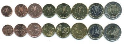 ИРЛАНДИЯ ЕВРОНАБОР ИЗ 8 МОНЕТ 2002-2003 (1, 2, 5, 10, 20, 50 ЕВРОЦЕНТОВ, 1, 2 ЕВРО) KM 32, 33, 34, 35, 36, 37, 38, 39 биметалл UNC N5-50