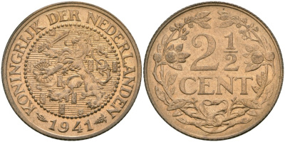 Нидерланды 2 1/2 цента 1941 Вильгельмина (1890-1948) KM 150 бронза 4579-234