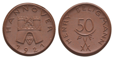 Ганновер 50 пфеннигов 1921 Генри Зелигман Men05 10843.4, Men18 13596.4 фарфор 1094-7-32