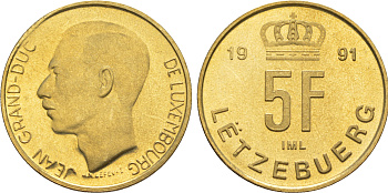 Люксембург 5 франков 1991 Великий герцог Жан (1964-2000), тираж 10.000 экземпляров KM 65 алюминиевая бронза  BU  4635-1223