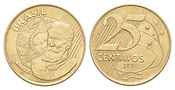 Бразилия 25 сентаво 2001 KM 650 сталь плакированная латунью UNC 4642-1117