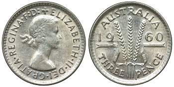 Австралия 3 пенса 1960 m, Елизавета II (1952-2022) KM 57 серебро 71-648