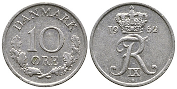 ДАНИЯ 10 ЭРЕ 1962 C; S, ФРЕДЕРИК IX (1947-1972) KM 849.1 медно-никель 26-867