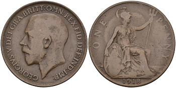 Великобритания 1 пенни 1918 Георг V (1910-1936) KM 810, Spink 4051 бронза 4117-811