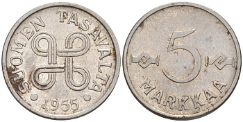 Финляндия 5 марок 1955 KM 37a никелированное железо 187-446