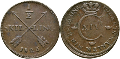 Швеция 1/2 скиллинга 1825 Карл XIV Юхан (1818-1844) KM 596 медь 4680-142