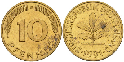 ФРГ 10 пфеннигов 1991 G KM 108, J. 383 сталь плакированная латунью 4175-1116
