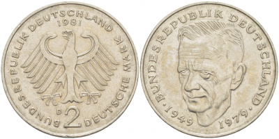 ФРГ 2 марки 1981 D, КУРТ ШУМАХЕР KM 149, J. 424 медно-никель плакированный никелем 3718-1034