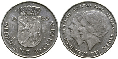 Нидерланды 2 1/2 гульдена 1980 коронация Беатрикс, 30 апреля 1980 KM 201 никель 4542-535