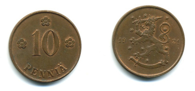 Финляндия 10 пенни 1921 республика (1918-1962) KM 24 медь 46-356