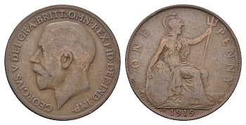 Великобритания 1 пенни 1919 Георг V (1910-1936) KM 810, Spink 4051 бронза 4661-623