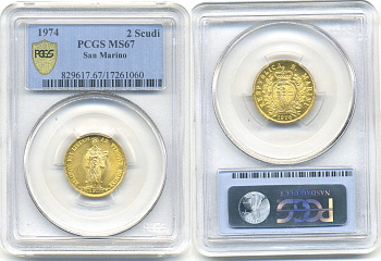 Сан-Марино 2 скудо 1975 Святой Мартин, слаб PCGS MS 67 KM 39 золото UNC 15-007-17