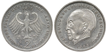 ФРГ 2 МАРКИ 1971 G, КОНРАД АДЕНАУЭР KM 124, J. 406 медно-никель плакированный никелем плакированный никелем UNC 72-437