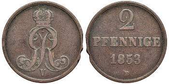 Брауншвейг-Каленберг-Ганновер 2 пфеннига 1853 B, Георг V (1851-1866) KM 217,aKS 152, J. 84 медь 4142-223