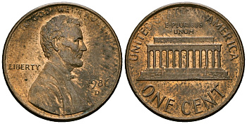 США 1 цент 1986 D, Линкольн KM 201b цинк плакированный медью 4136-317