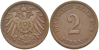 ГЕРМАНИЯ 2 ПФЕННИГА 1906 F KM 16, J. 11, Weege 4 медь 206-517