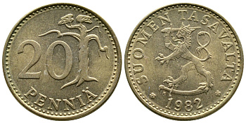 ФИНЛЯНДИЯ 20 ПЕННИ 1982 К KM 47 алюминиевая бронза 4110-812