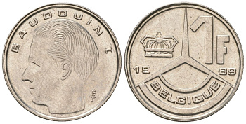 Бельгия 1 франк 1989 BELGIQUE, Бодуэн I (1951-1993) KM 170 нержавеющая сталь 4547-638