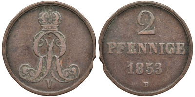 Брауншвейг-Каленберг-Ганновер 2 пфеннига 1853 B, Георг V (1851-1866) KM 217,aKS 152, J. 84 медь 4142-223